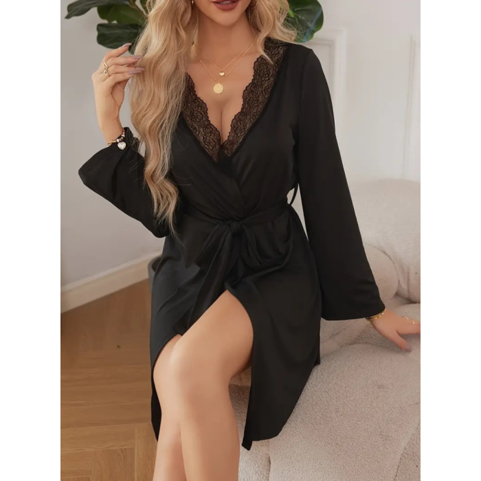 Lucky Life Kadın Uzun Kollu Dantel Yakalı Belden Kuşaklı Viskon Gecelik