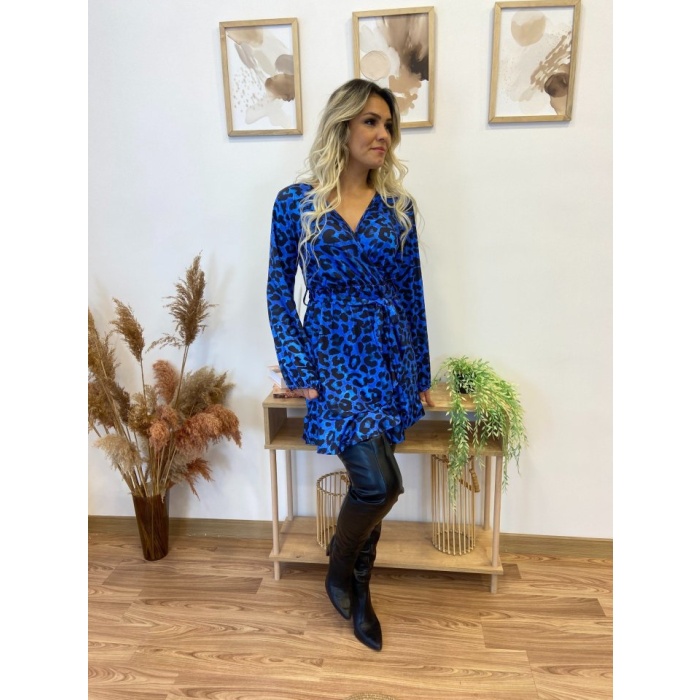 Lucky Life Kadın Uzun Kollu Kruvaze Yaka Belden Kuşaklı Leopar Desenli Dalgıç Elbise
