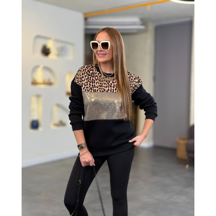 Lucky Life Kadın üç Iplik şardonlu Kumaş Leopar Desenli Bluz