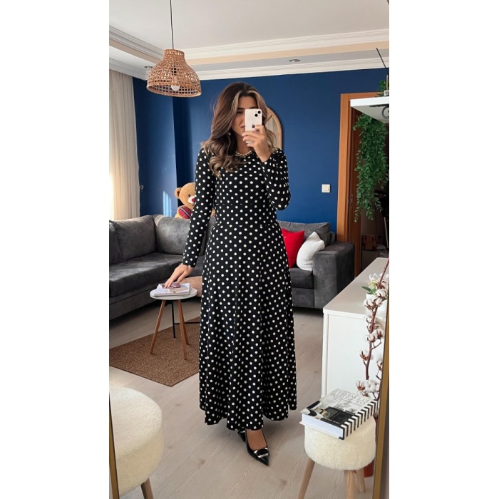 Lucky Life Kadın Krep Kumaş Uzun Kollu Tam Boy Puantiyeli Elbise 132 Cm