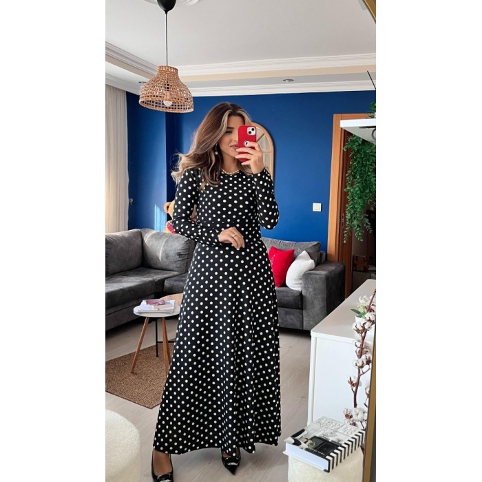 Lucky Life Kadın Krep Kumaş Uzun Kollu Tam Boy Puantiyeli Elbise 132 Cm