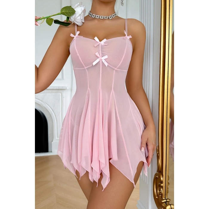 Lucky Life Kadın  Toz Pembe Asimetrik Kesim Fiyonk Detaylı Gecelik