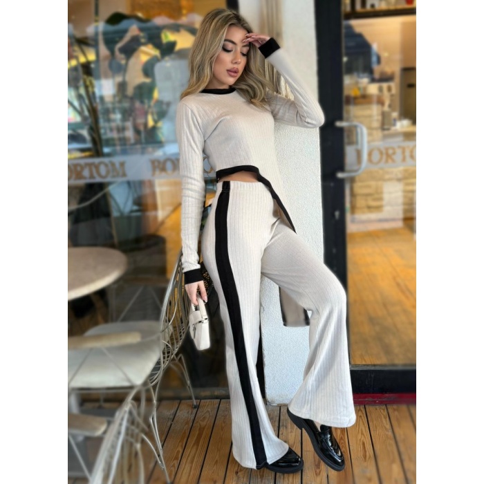 Lucky Life Kadın Uzun Kollu Bisiklet Yaka Asimetrik Kesim Bluz şardonlu Kaşkorse Bluz Ve Pantolon Ikili Takım