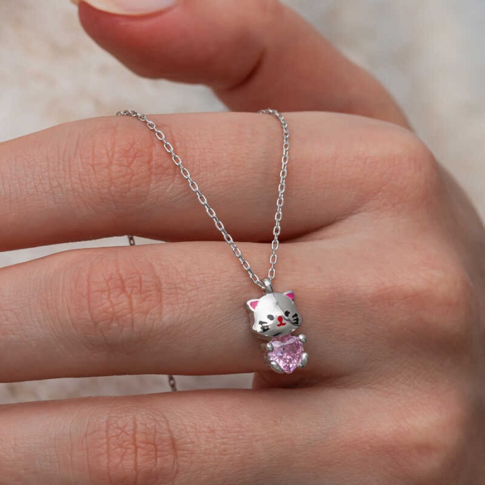 Lucky Life Gümüş Pembe Taşlı Sevimli Kedi Kadın Kolye