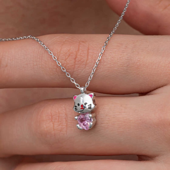 Lucky Life Gümüş Pembe Taşlı Sevimli Kedi Kadın Kolye