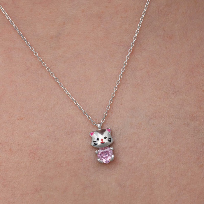 Lucky Life Gümüş Pembe Taşlı Sevimli Kedi Kadın Kolye
