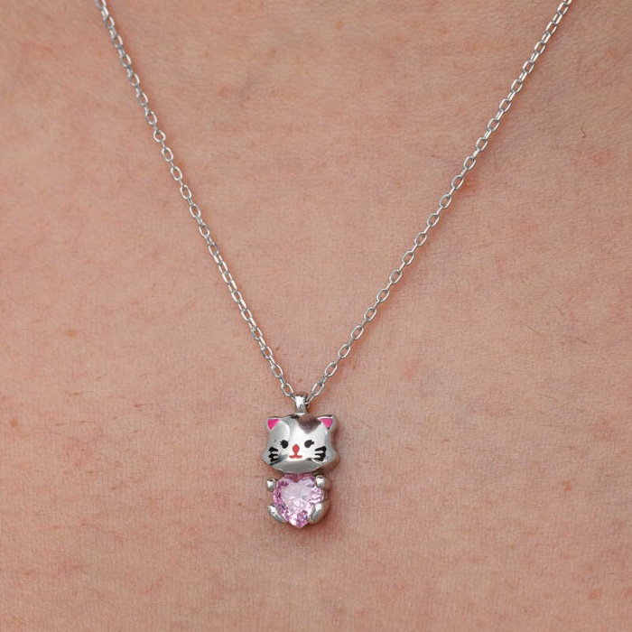 Lucky Life Gümüş Pembe Taşlı Sevimli Kedi Kadın Kolye