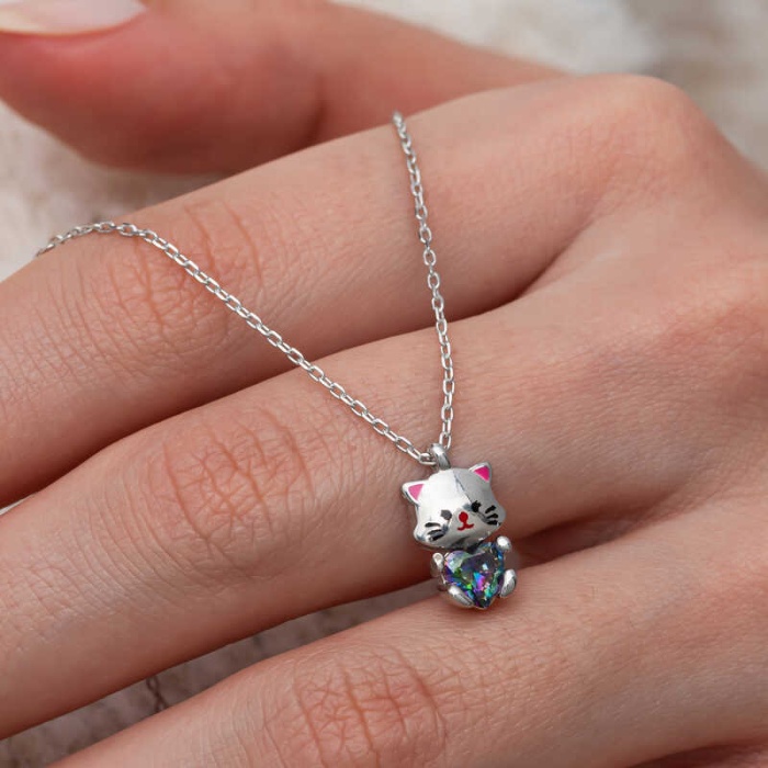Lucky Life Gümüş Mistik Topaz Taşlı Sevimli Kedi Kolye