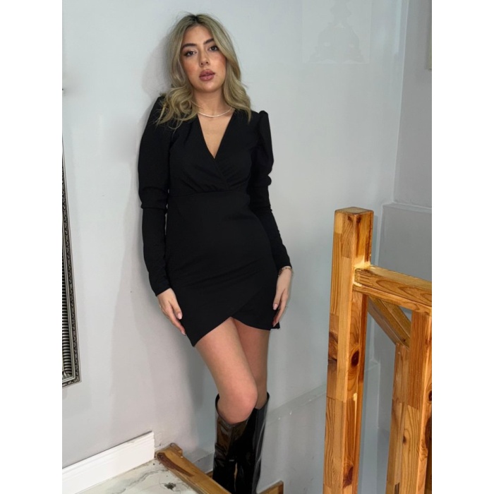 Lucky Life Kadın Uzun Kollu Kruvaze Yaka Kol Detaylı Ithal Krep Mini Elbise