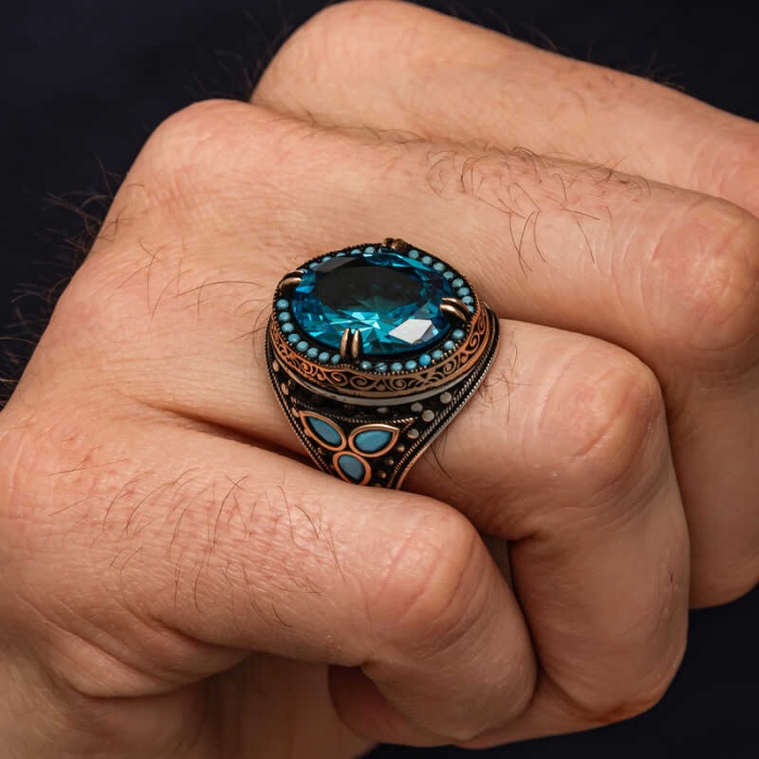 Lucky Life Gümüş Aquamarine Taşlı Erkek Yüzük