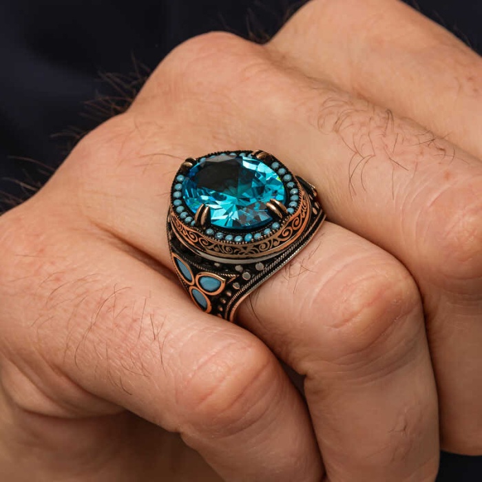 Lucky Life Gümüş Aquamarine Taşlı Erkek Yüzük