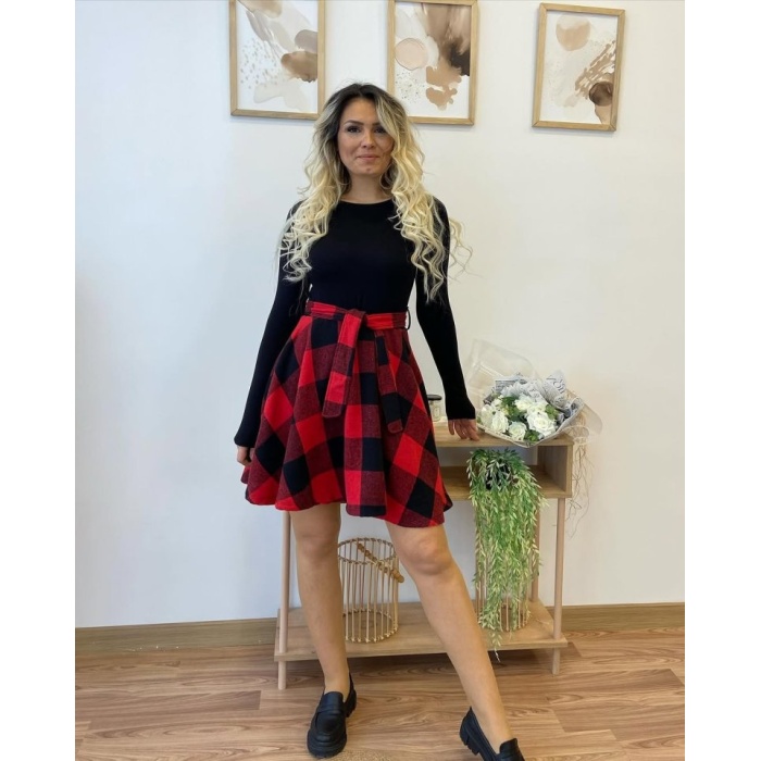 Kadın Uzun Kollu Bisiklet Yaka üst Viskon Alt Ekose Kısa Elbise