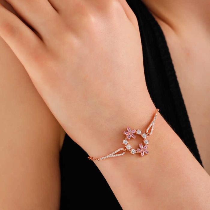 Lucky Life Gümüş Rose Pembe Çiçek Kadın Bileklik