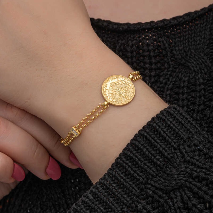 Lucky Life Gümüş Gold Kaplama Tuğralı Kadın Bileklik