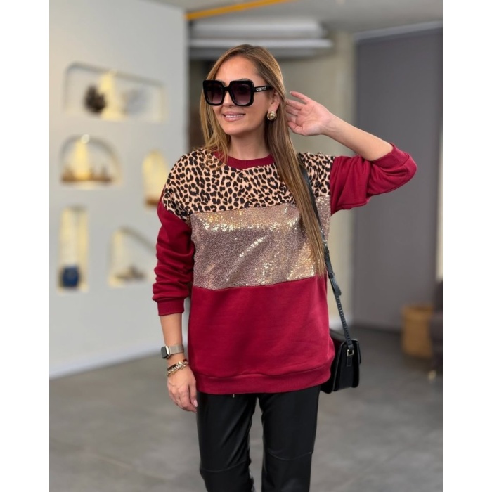 Lucky Life Kadın üç Iplik şardonlu Kumaş Leopar Desenli Bluz