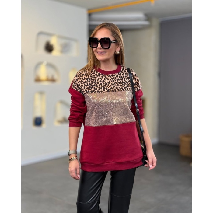 Lucky Life Kadın üç Iplik şardonlu Kumaş Leopar Desenli Bluz