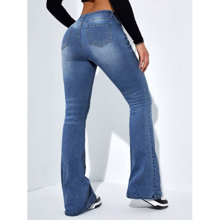 Lucky Life Kadın Yüksek Bel Cepli İspanyol Paçalı Kot Jeans Pantolon