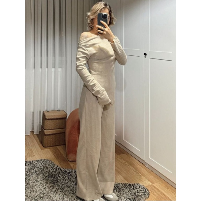 Lucky Life Kadın Uzun Kollu Omuzlardan Açık Asimetrik Kesim Kaşkorse Bluz Ve Pantolon Ikili Pantolon