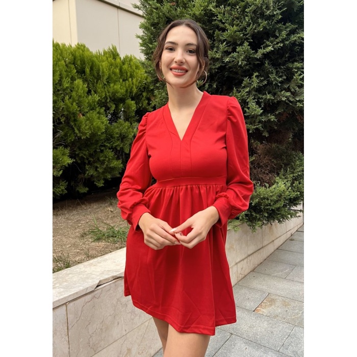 Lucky Life Kadın Uzun Kollu V Yaka Belden Hafif Pileli Scuba Krep Mini Boy Elbise