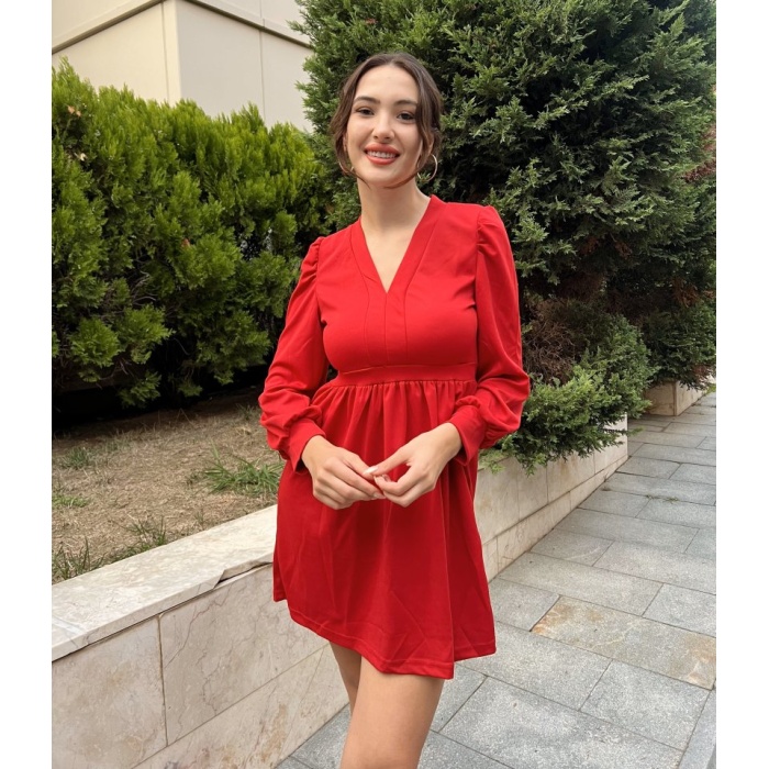 Lucky Life Kadın Uzun Kollu V Yaka Belden Hafif Pileli Scuba Krep Mini Boy Elbise