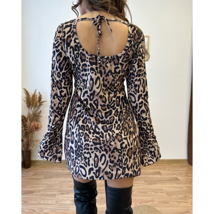 Lucky Life Kadın Uzun Kollu Kayık Yaka Leopar Baskılı Mini Elbise