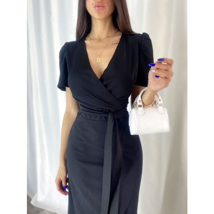 Lucky Life Kadın Kadın Kruvaze Yaka Midi Boy Kuşaklı Krep Elbise 120 Cm