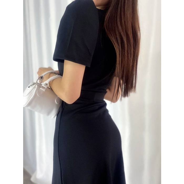 Lucky Life Kadın Kadın Kruvaze Yaka Midi Boy Kuşaklı Krep Elbise 120 Cm