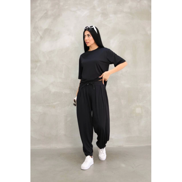 Lucky Life Kadın Modal Yumuşak Dokulu Kumaş Oversize Bisiklet Yaka T-shirt Jogger Eşofman Altı Eşofman Takımı - Siyah