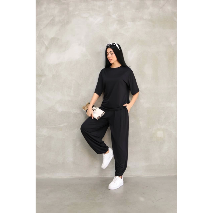 Lucky Life Kadın Modal Yumuşak Dokulu Kumaş Oversize Bisiklet Yaka T-shirt Jogger Eşofman Altı Eşofman Takımı - Siyah