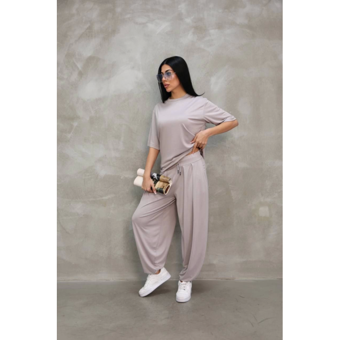 Lucky Life Kadın Modal Yumuşak Dokulu Kumaş Oversize Bisiklet Yaka T-shirt Jogger Eşofman Altı Eşofman Takımı - Gri