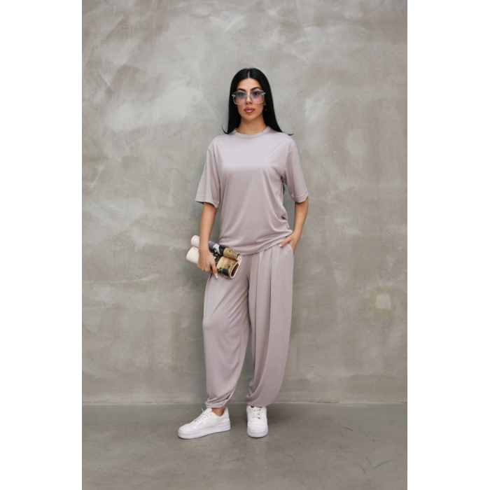 Lucky Life Kadın Modal Yumuşak Dokulu Kumaş Oversize Bisiklet Yaka T-shirt Jogger Eşofman Altı Eşofman Takımı - Gri