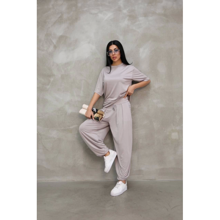 Lucky Life Kadın Modal Yumuşak Dokulu Kumaş Oversize Bisiklet Yaka T-shirt Jogger Eşofman Altı Eşofman Takımı - Gri