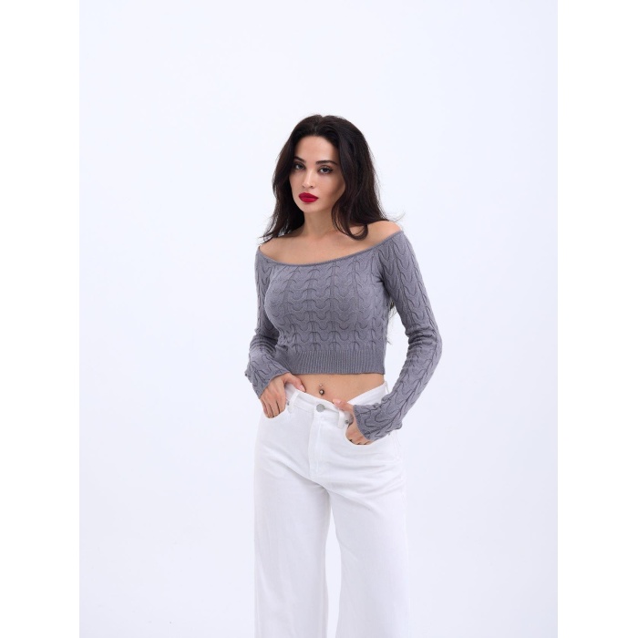 Lucky Life Kadın 241 TRİKO KAYIK YAKA CROP-GRİ
