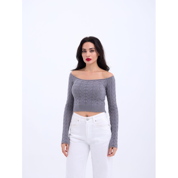 Lucky Life Kadın 241 TRİKO KAYIK YAKA CROP-GRİ