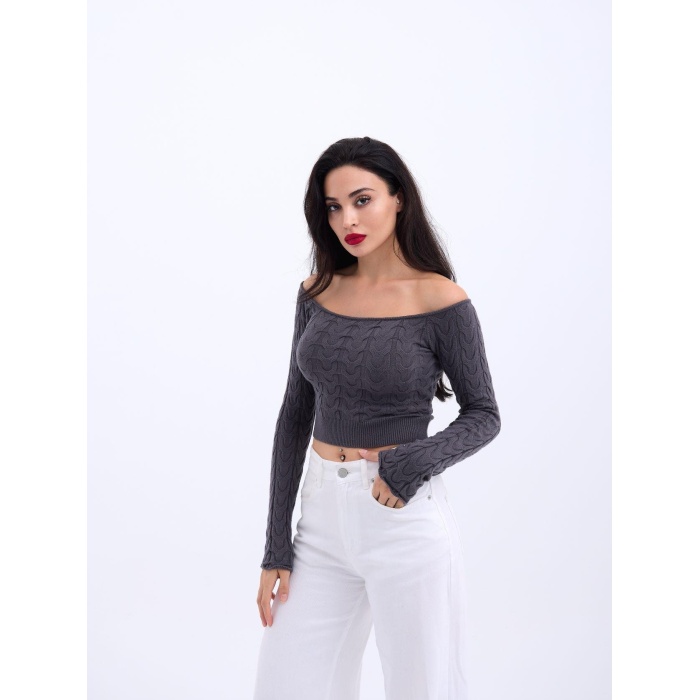 Lucky Life Kadın 241 TRİKO KAYIK YAKA CROP-ANTRASİT