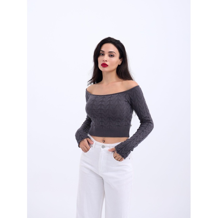 Lucky Life Kadın 241 TRİKO KAYIK YAKA CROP-ANTRASİT