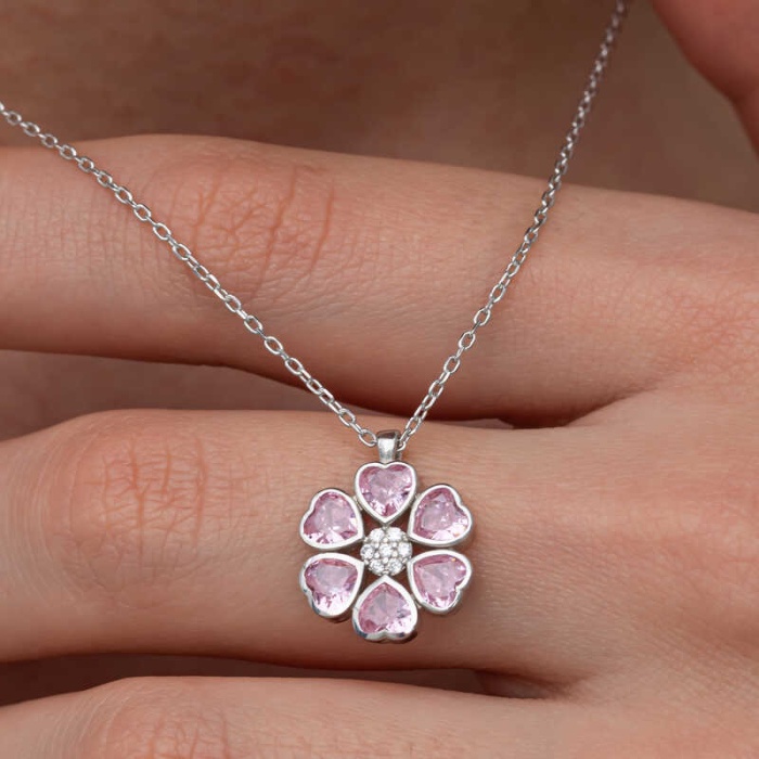 Lucky Life Kadın Gümüş Pembe Kalpli Çiçek Kadın Kolye