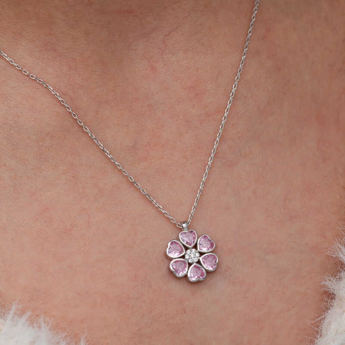 Lucky Life Kadın Gümüş Pembe Kalpli Çiçek Kadın Kolye