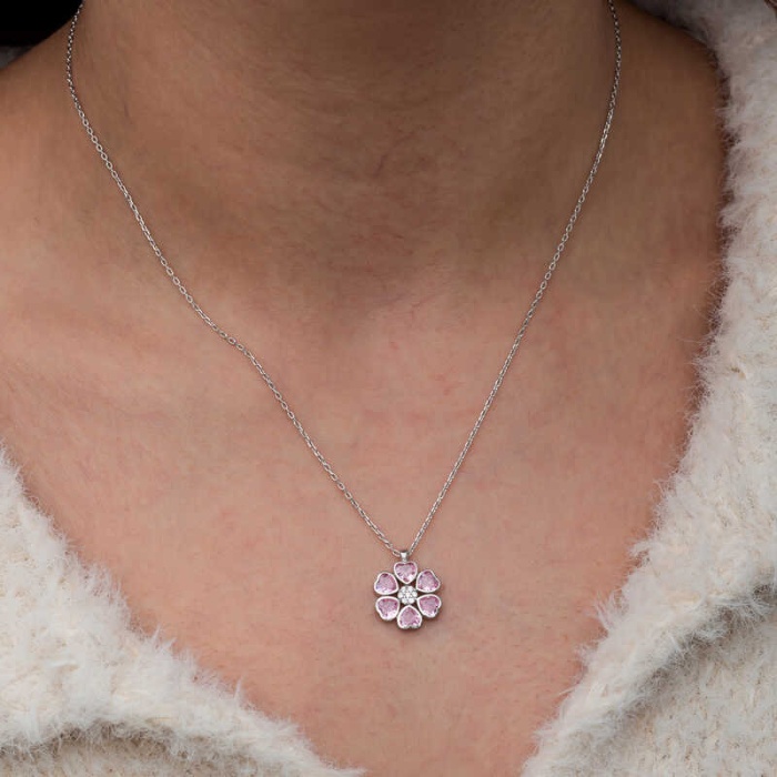 Lucky Life Kadın Gümüş Pembe Kalpli Çiçek Kadın Kolye