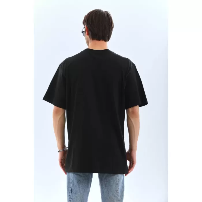 Unisex Oversize Taşlı Bisiklet Yaka T-Shirt - Siyah