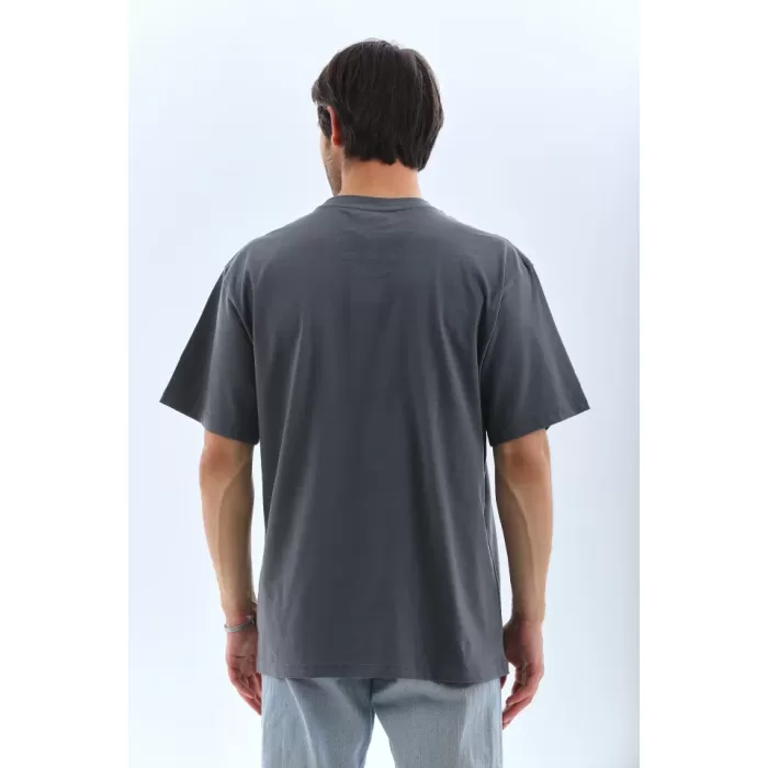 Unisex Oversize Taşlı Bisiklet Yaka T-Shirt - Füme