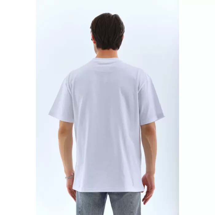 Unisex Oversize Taşlı Bisiklet Yaka T-Shirt - Beyaz