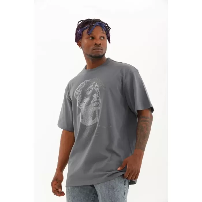 Unisex Oversize Taşlı Bisiklet Yaka T-Shirt - Füme