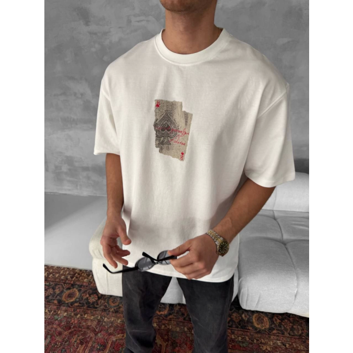 Ön Ve Arka Baskılı Oversize Bisiklet Yaka T-shirt - Beyaz