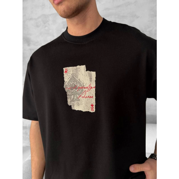 Ön Ve Arka Baskılı Oversize Bisiklet Yaka T-shirt - Siyah