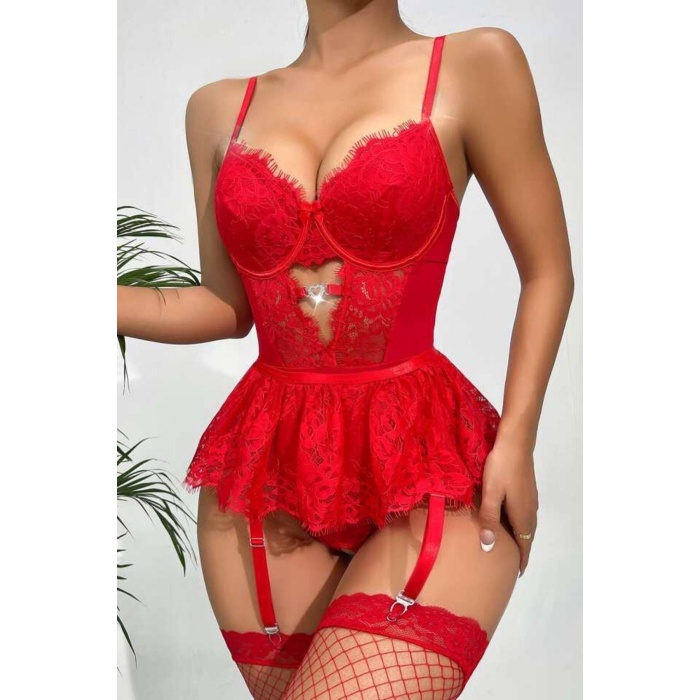 Lucky Life Kırmızı Dantelli Etekli Babydoll Takım