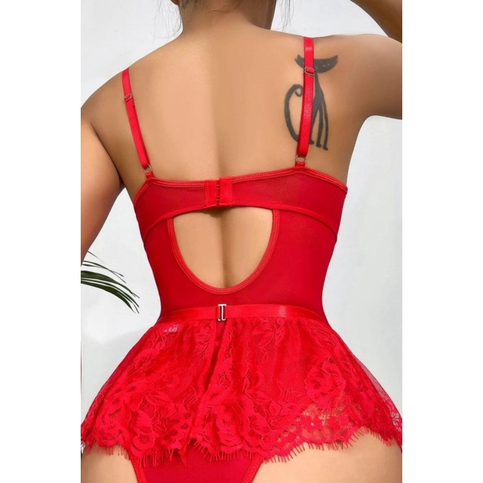 Lucky Life Kırmızı Dantelli Etekli Babydoll Takım