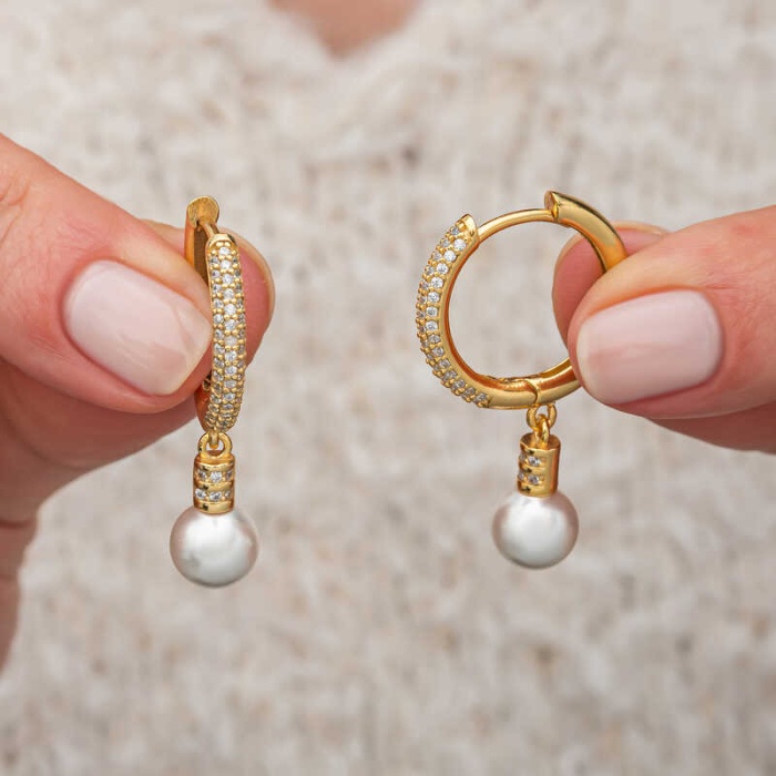 Lucky Life Gümüş Zirkon Taşlı Gold Halka İnci Küpe