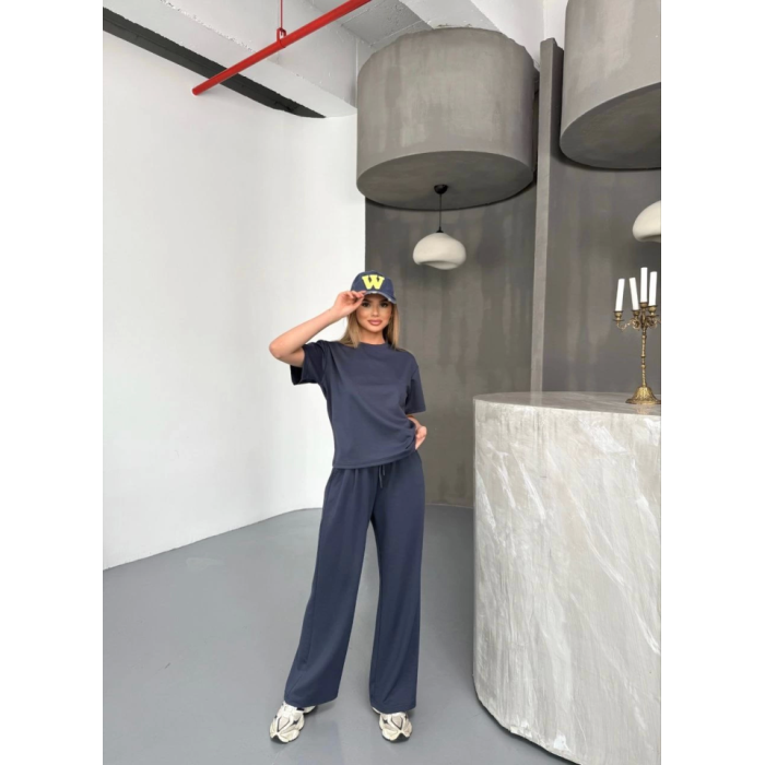 Lucky Life Kadın Yumuşak Dokulu Kumaş Kısa Kollu Bluz Rahat Pantalon Ikili Takım- Füme