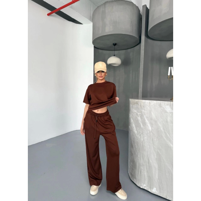 Lucky Life Kadın Yumuşak Dokulu Kumaş Kısa Kollu Bluz Rahat Pantalon Ikili Takım- Kahverengi